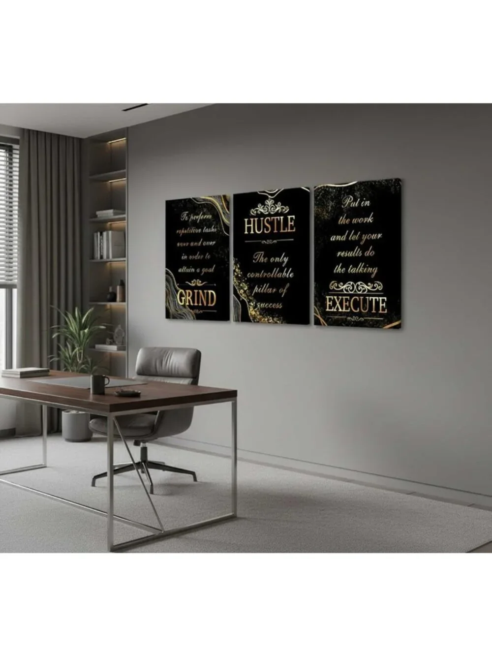 Set of 3 Black & Gold Inspirational Canvas Wall Art for Office Decor